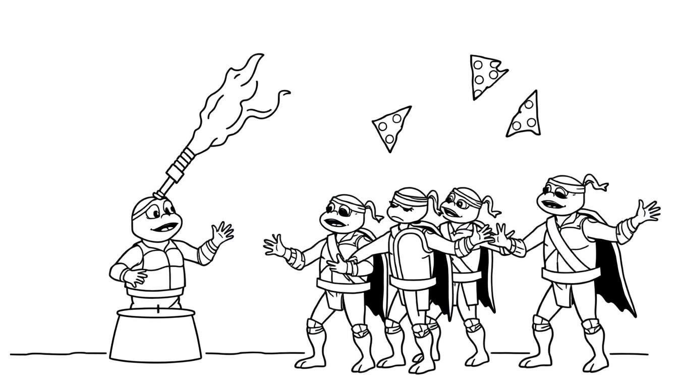 Página para colorear de las Tortugas Ninja. Miguel Ángel lanza pizza desde un barril mientras las otras tortugas intentan atraparla.