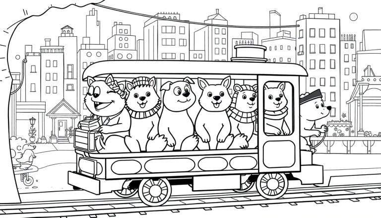 Imagen para colorear de un tren urbano con animales y un paisaje de rascacielos.