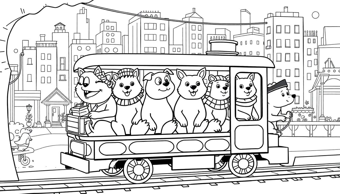 Imagen para colorear de un tren urbano con animales y un paisaje de rascacielos.