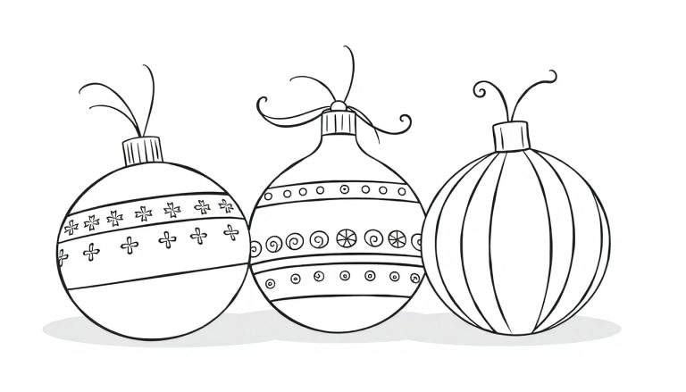 Placa de color con tres adornos navideños en blanco y negro listos para colorear.