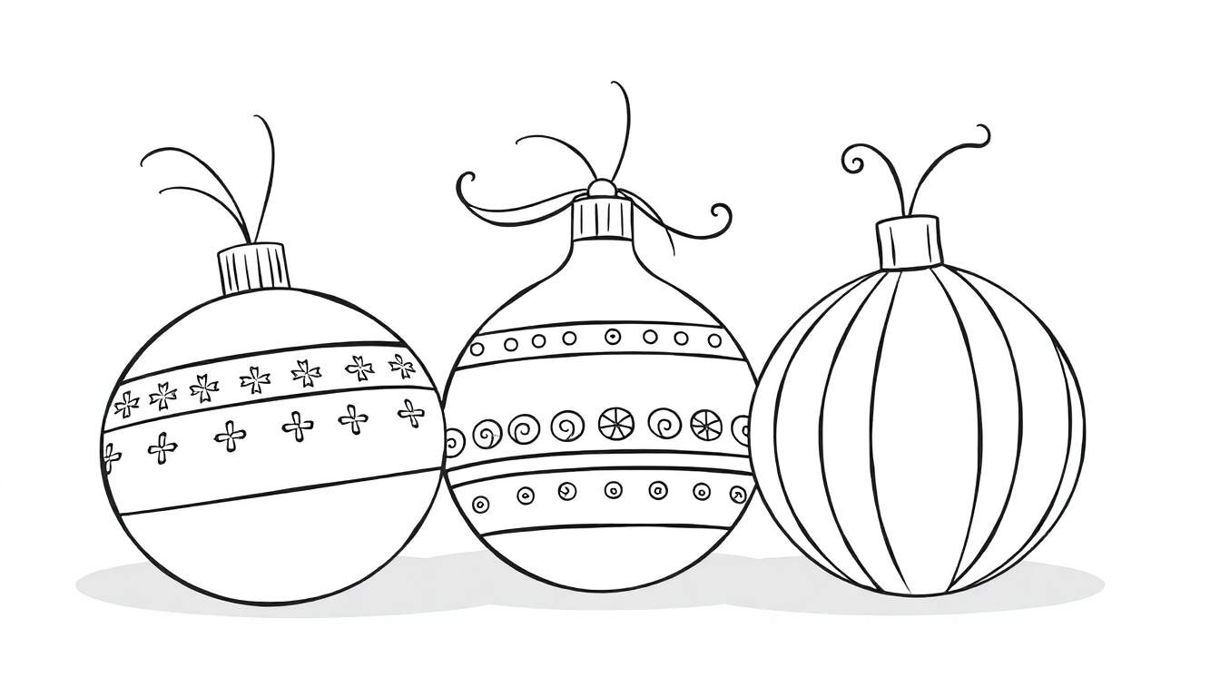 Placa de color con tres adornos navideños en blanco y negro listos para colorear.
