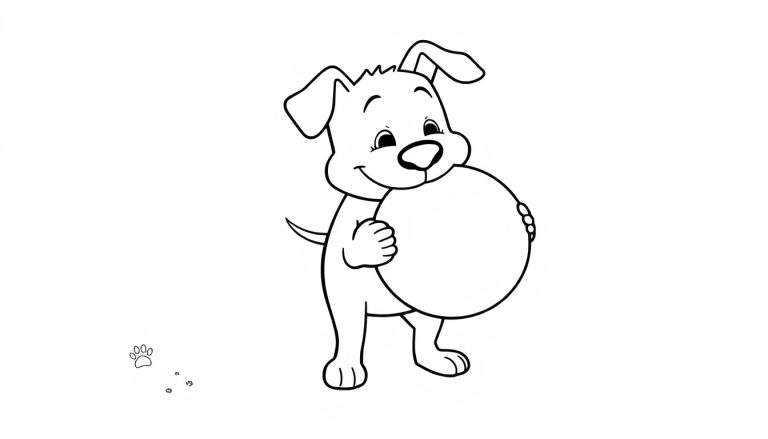 Un cachorro de dibujos animados sonriente sosteniendo una pelota grande, listo para colorear. Incluye una huella de pata en la esquina. Placa de color.