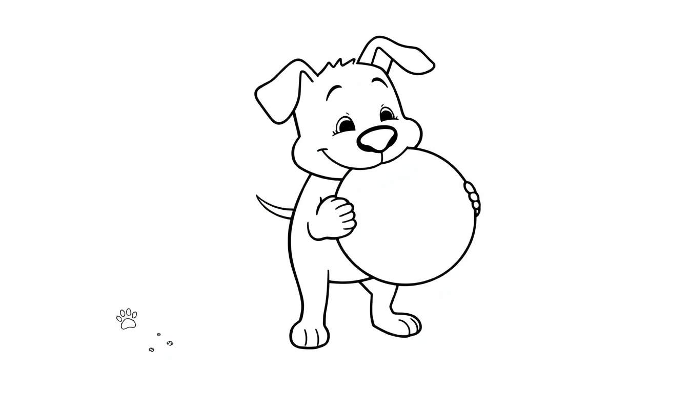 Un cachorro de dibujos animados sonriente sosteniendo una pelota grande, listo para colorear. Incluye una huella de pata en la esquina. Placa de color.