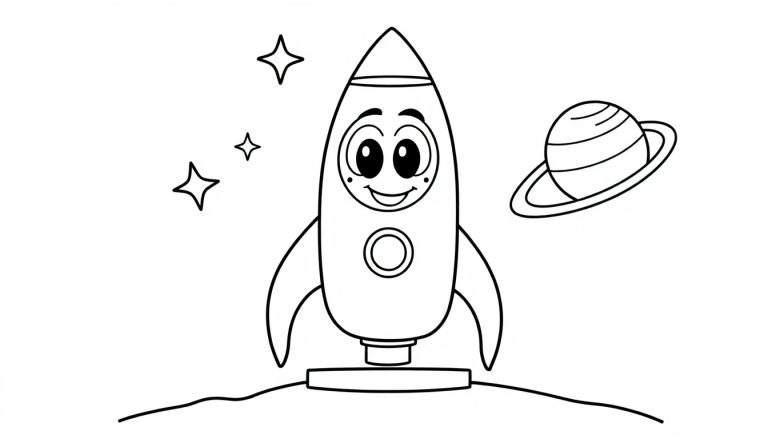 Página para colorear de un cohete espacial amigable con ojos grandes y una sonrisa, listo para despegar hacia las estrellas y planetas, en blanco y negro.