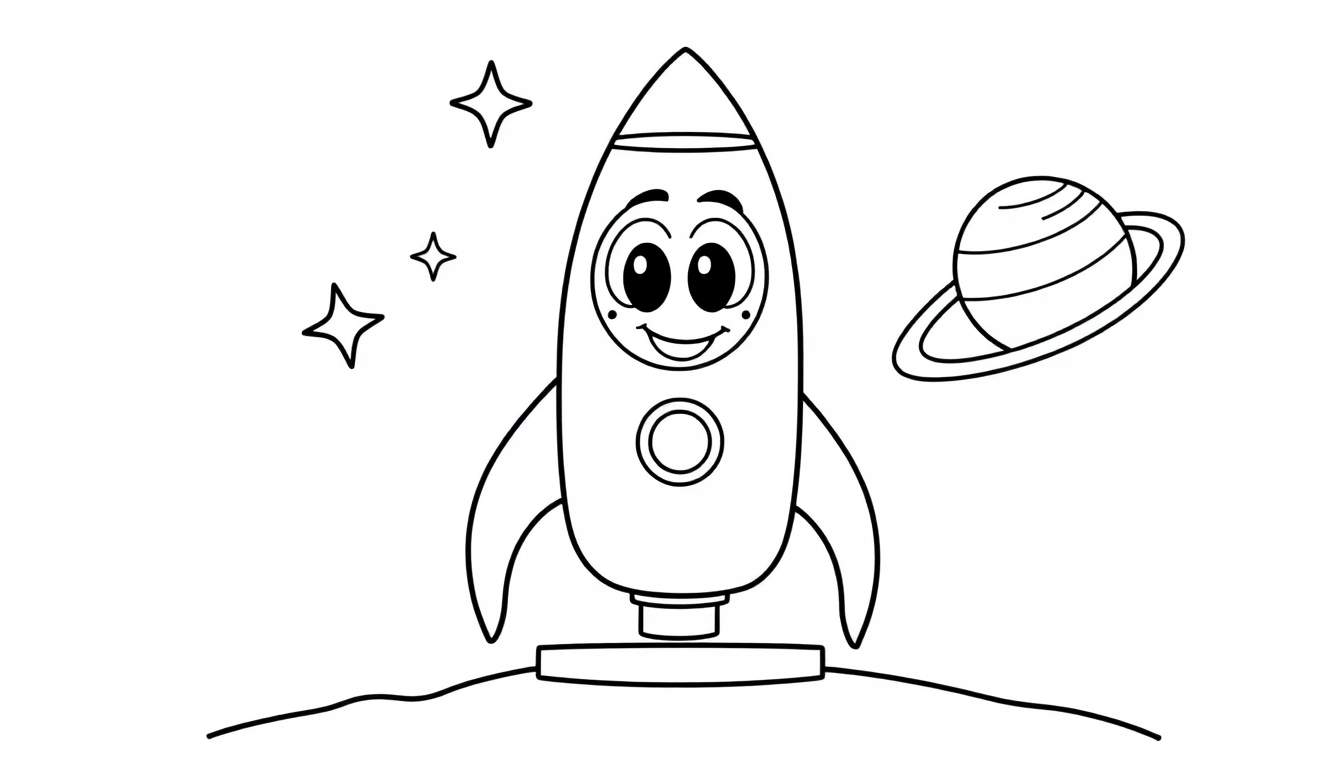 Página para colorear de un cohete espacial amigable con ojos grandes y una sonrisa, listo para despegar hacia las estrellas y planetas, en blanco y negro.