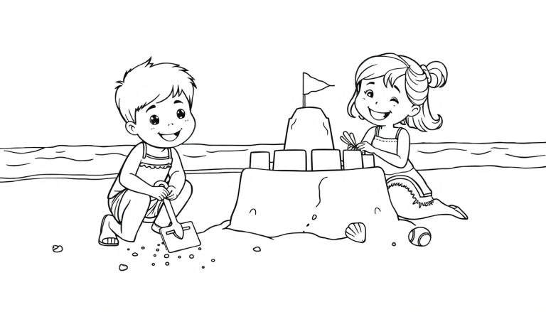 Placa de color: dos niños construyendo un castillo de arena en la playa.