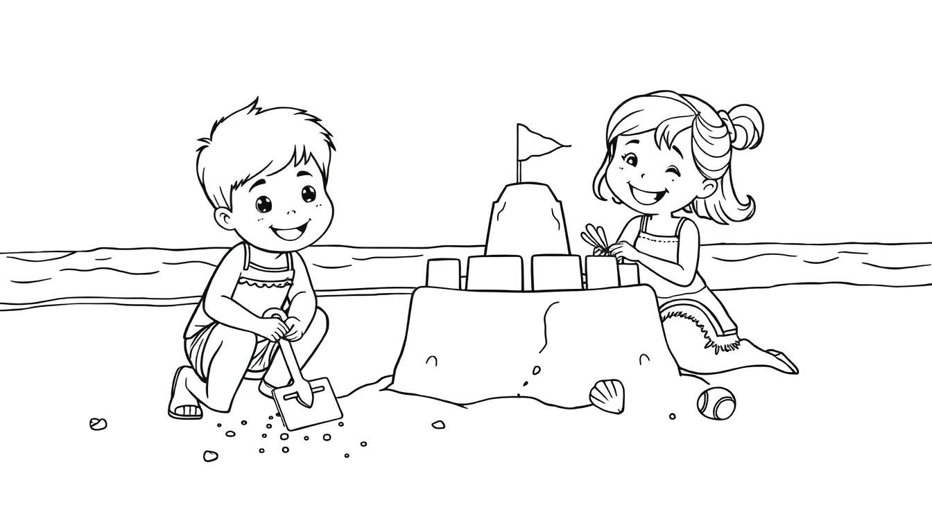 Placa de color: dos niños construyendo un castillo de arena en la playa.