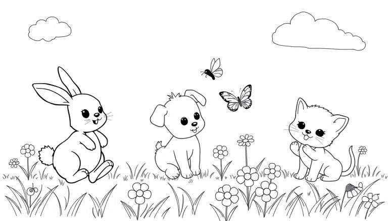 Una placa de color para niños con un conejito, un cachorro y un gatito en un prado con flores.