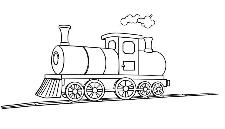 Placa de color de un tren de vapor amigable con contornos definidos y una pequeña nube de vapor saliendo de la chimenea.