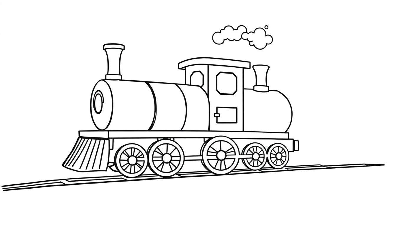 Placa de color de un tren de vapor amigable con contornos definidos y una pequeña nube de vapor saliendo de la chimenea.