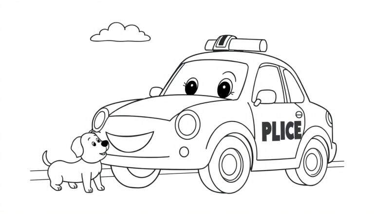 Coche de policía amigable para colorear con cachorro y sirena, con la palabra 'PLICE' en el lateral. Un dibujo lineal de la placa de color.