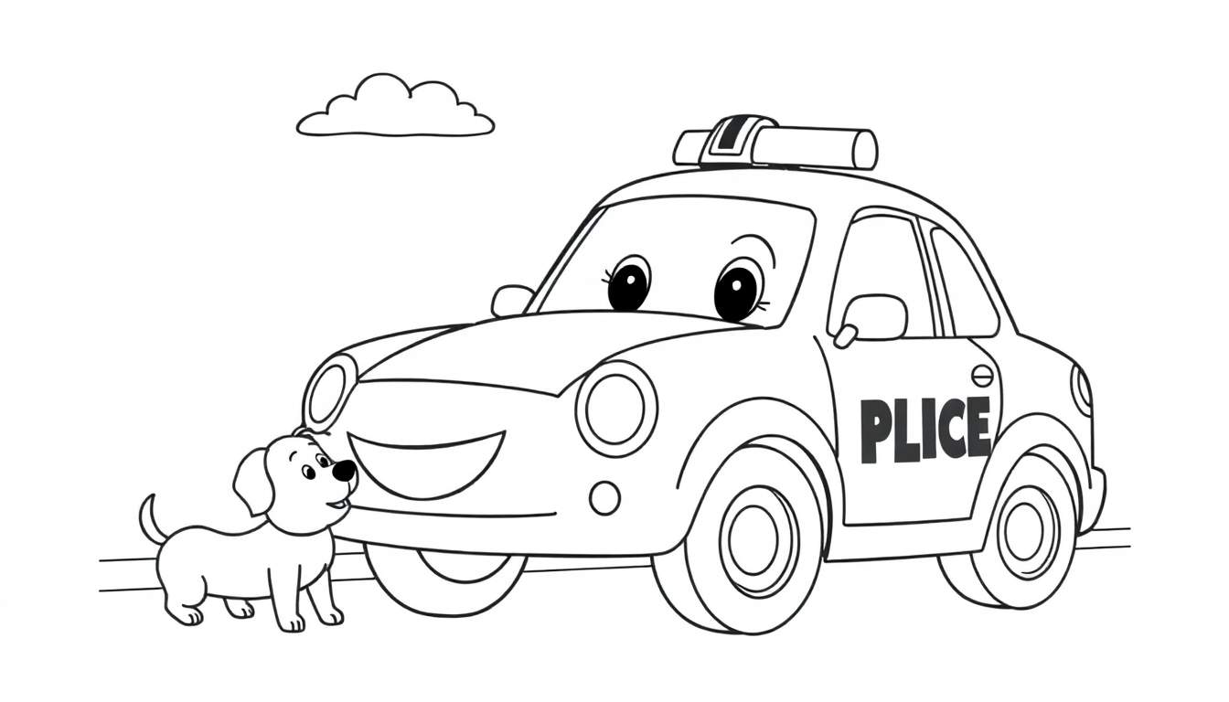 Coche de policía amigable para colorear con cachorro y sirena, con la palabra 'PLICE' en el lateral. Un dibujo lineal de la placa de color.