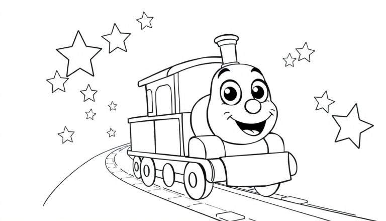 Placa de color de un tren de dibujos animados sonriente viajando por un túnel estrellado.