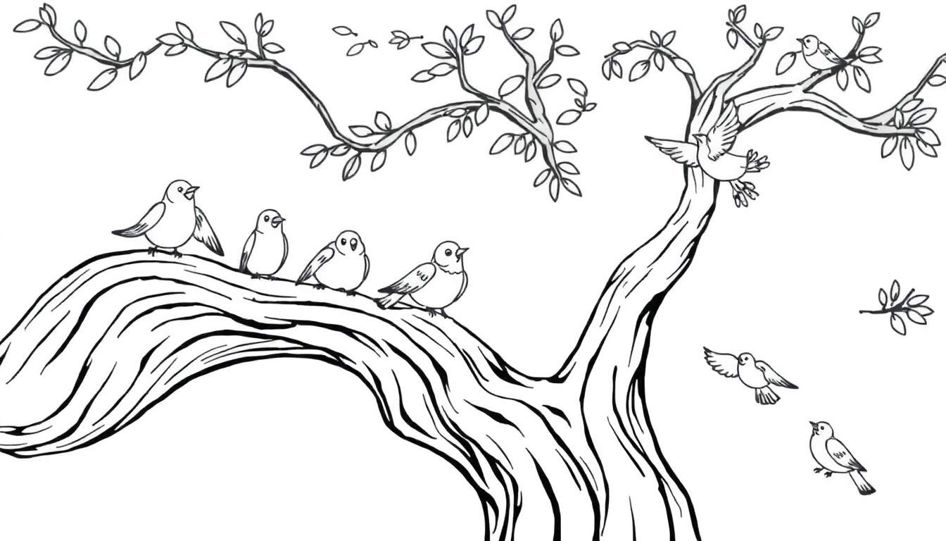 Placa de color de un árbol con pájaros cantando.