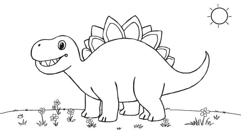 Un dibujo sencillo en blanco y negro de un estegosaurio sonriente con sus grandes placas en la espalda, de pie en un campo de flores bajo un sol sonriente. Dibujo listo para colorear.