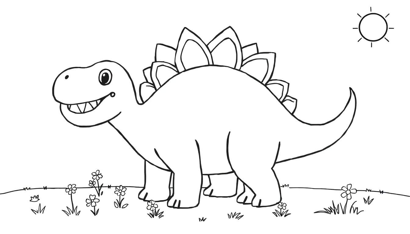 Un dibujo sencillo en blanco y negro de un estegosaurio sonriente con sus grandes placas en la espalda, de pie en un campo de flores bajo un sol sonriente. Dibujo listo para colorear.