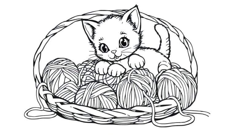 Un gatito dibujado en blanco y negro jugando con ovillos de lana dentro de una cesta. Es una página para colorear, mostrando la placa de color lista para ser pintada.