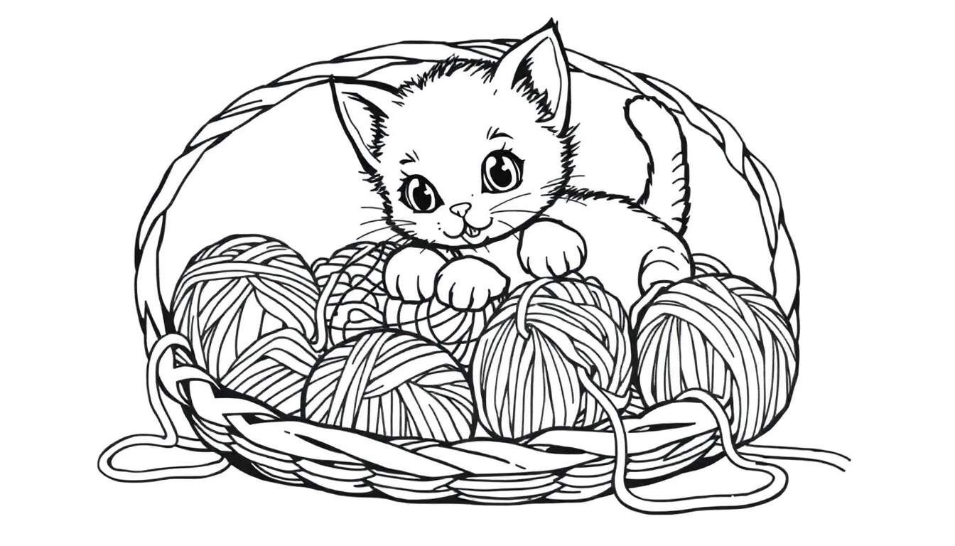 Un gatito dibujado en blanco y negro jugando con ovillos de lana dentro de una cesta. Es una página para colorear, mostrando la placa de color lista para ser pintada.