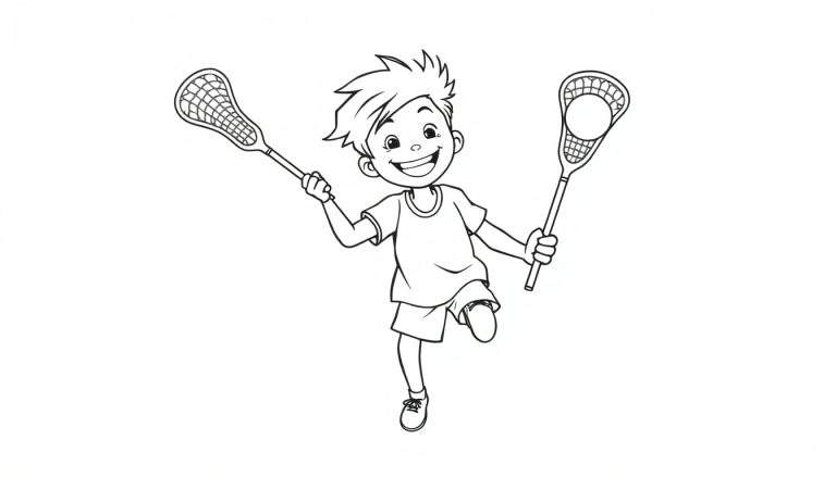 Niño sonriente jugando al lacrosse, página para colorear de placa de color.