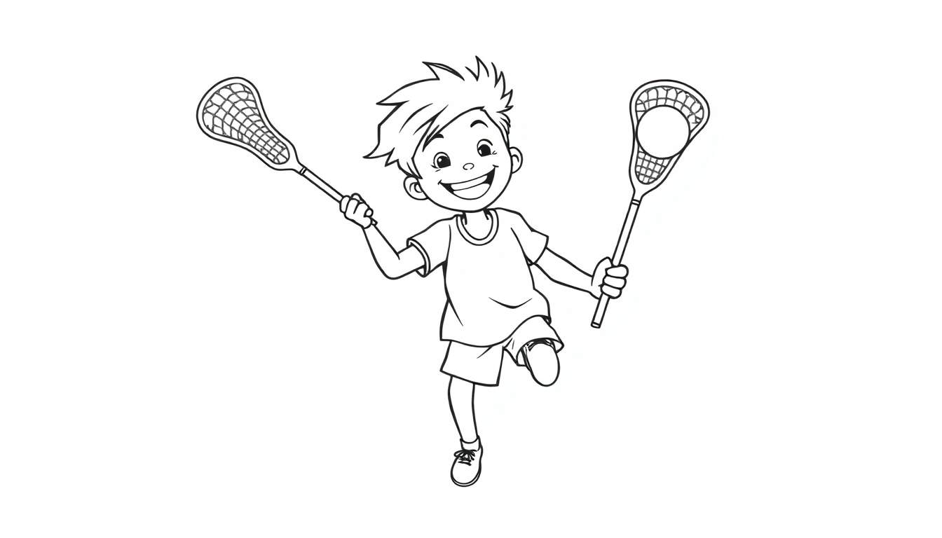 Niño sonriente jugando al lacrosse, página para colorear de placa de color.
