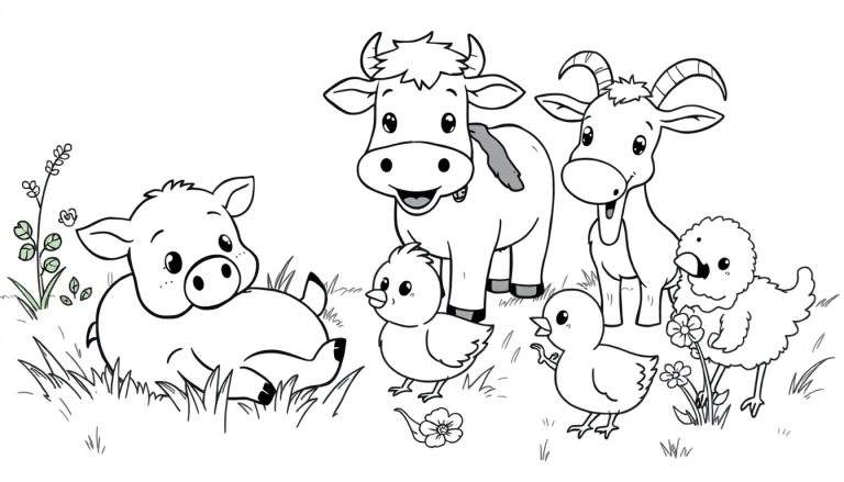 Placa de color en blanco y negro de animales de granja alegres jugando juntos en el campo.