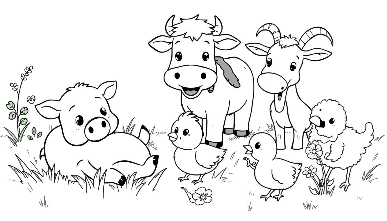 Placa de color en blanco y negro de animales de granja alegres jugando juntos en el campo.