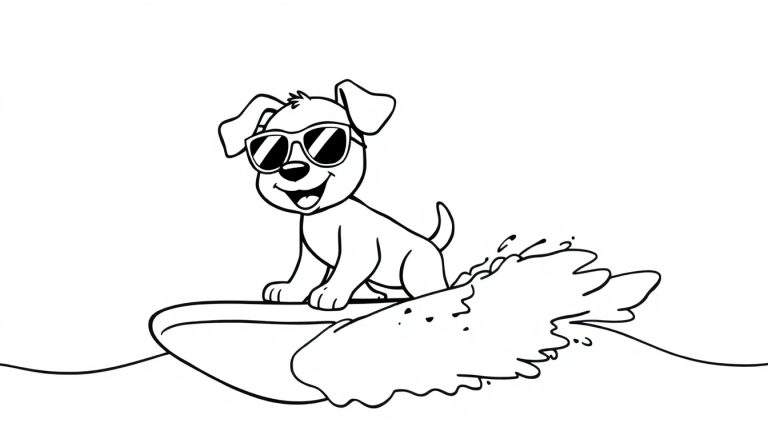 Placa de color para colorear: un perrito surfista con gafas de sol sonriendo sobre una tabla de surf.