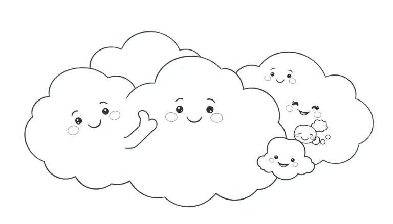 Un grupo de nubes amigables con caras sonrientes, una saludando, perfectas para una placa de color.