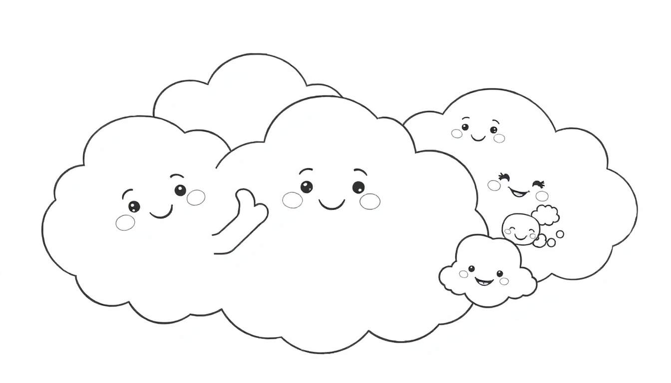 Un grupo de nubes amigables con caras sonrientes, una saludando, perfectas para una placa de color.