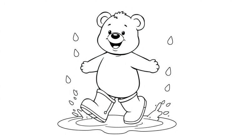 Página para colorear: un oso de dibujos animados con botas de agua bailando bajo la lluvia.