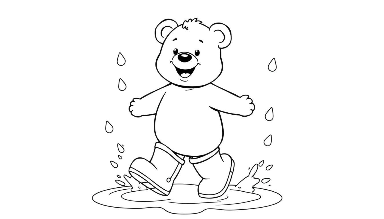 Página para colorear: un oso de dibujos animados con botas de agua bailando bajo la lluvia.