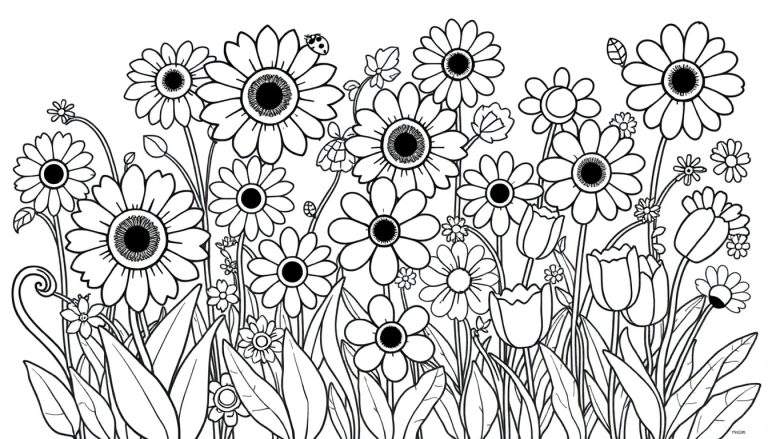 Placa de color con un campo de flores para colorear.