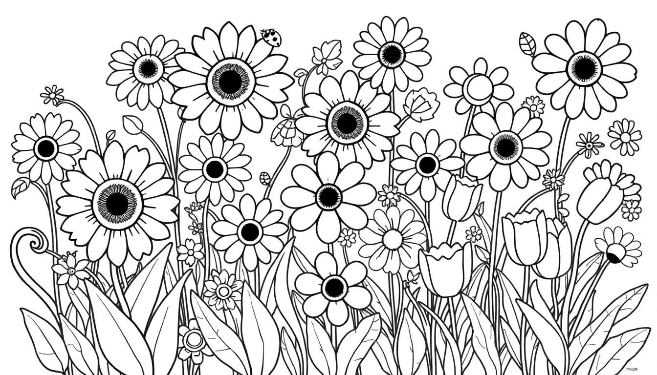Placa de color con un campo de flores para colorear.