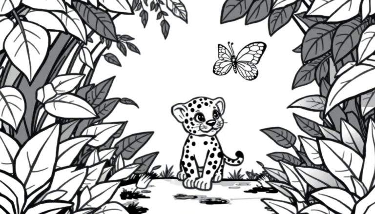 Un bebé guepardo sentado en la selva, listo para colorear.