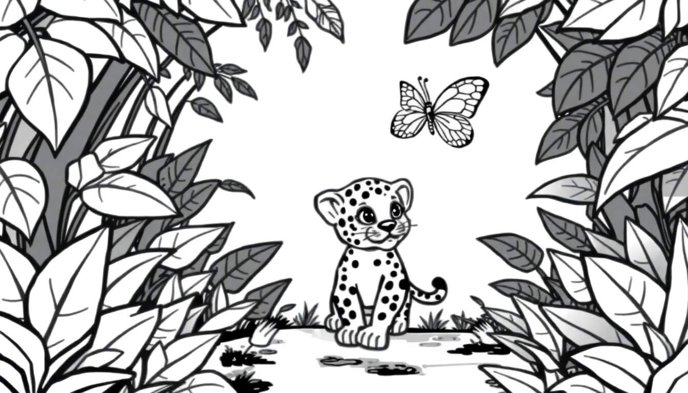 Un bebé guepardo sentado en la selva, listo para colorear.