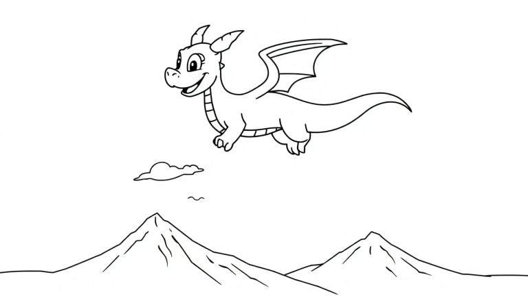 Página para colorear en blanco y negro de Spyro el dragón volando feliz entre montañas.