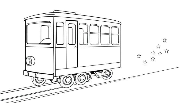 Un adorable tranvía para colorear en una calle estrellada, listo para ser pintado con su placa de color.