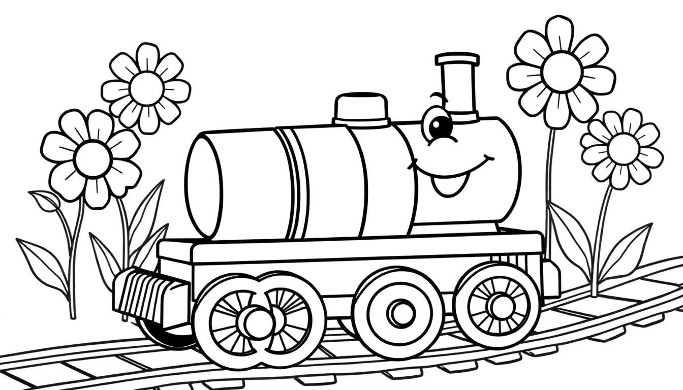 Página de colorear de un tren de juguete sonriente en blanco y negro, viajando por vías con margaritas.