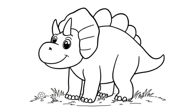 Dinosaurio Triceratops amigable para colorear, con grandes placas en la espalda y cuernos pequeños.