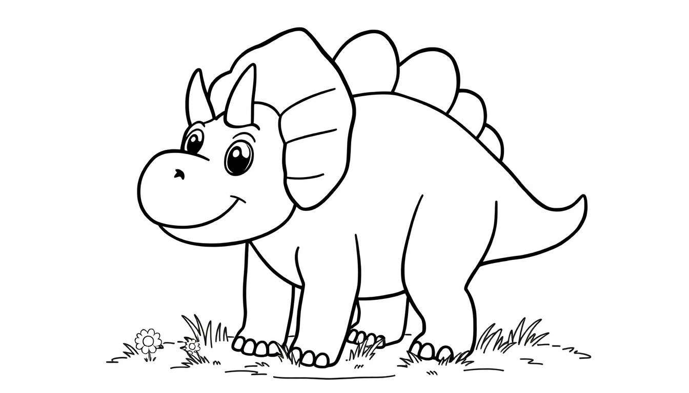 Dinosaurio Triceratops amigable para colorear, con grandes placas en la espalda y cuernos pequeños.