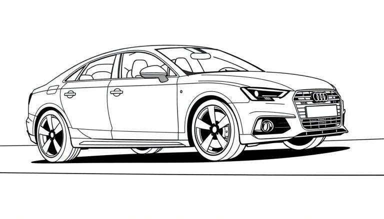 Un coche sedán blanco y negro para colorear con ruedas grandes.
