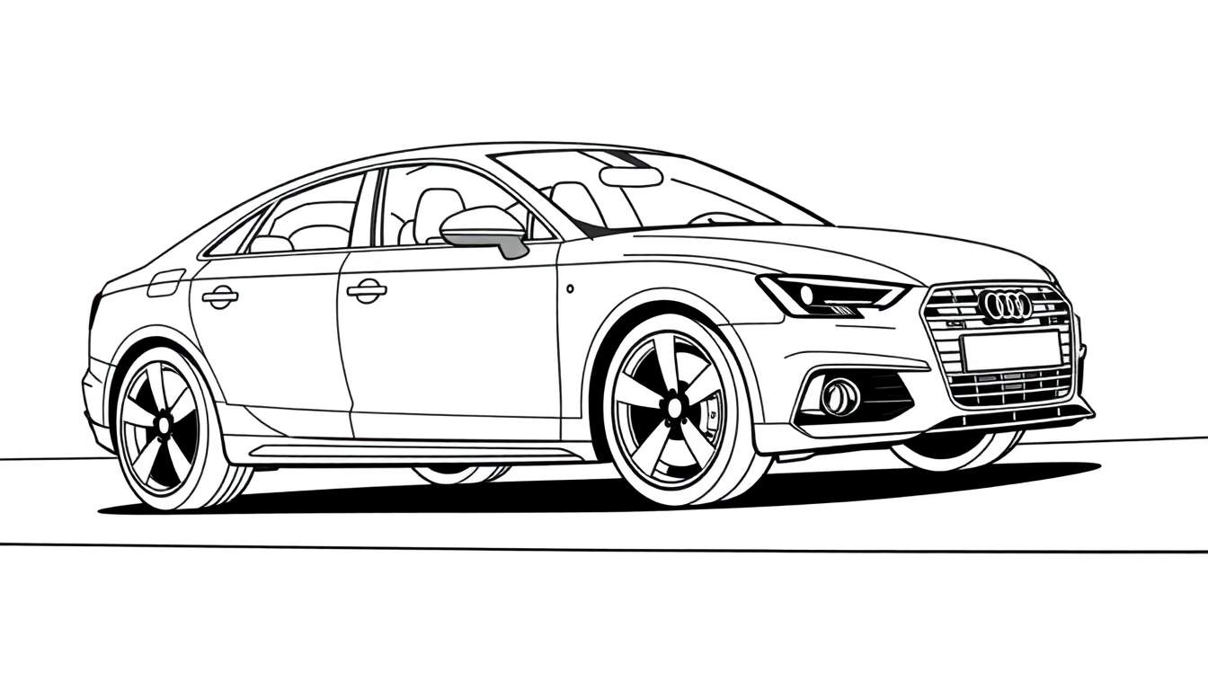 Un coche sedán blanco y negro para colorear con ruedas grandes.
