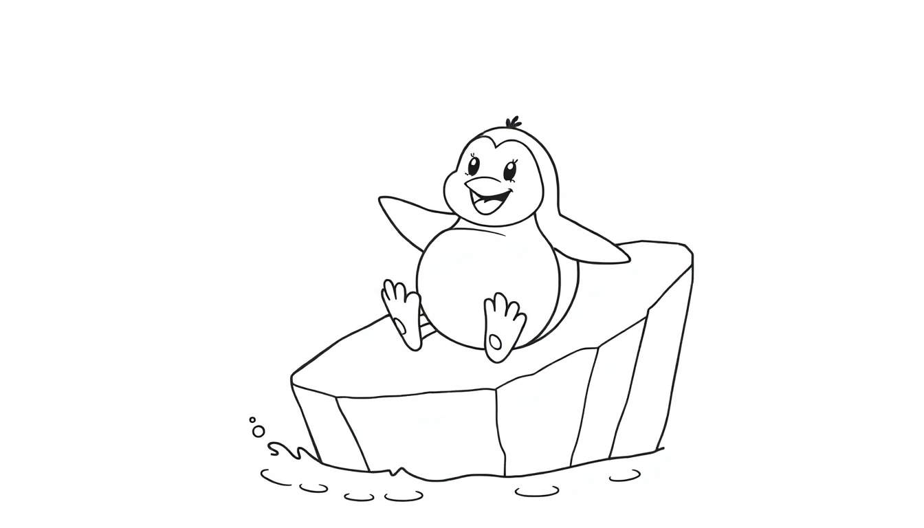 Pingüino sonriente sobre un trozo de hielo para colorear.