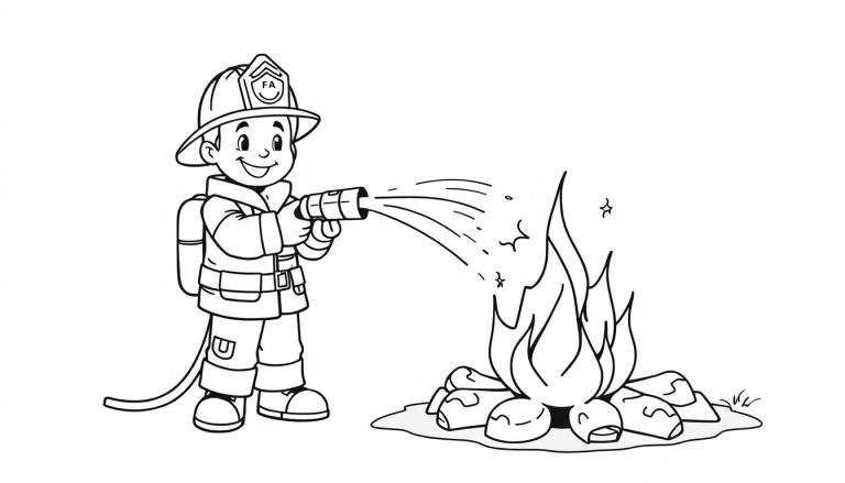 Niño bombero con casco 'FA' apagando fuego con manguera, para colorear, con placa de color.