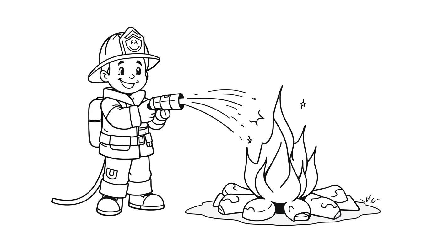Niño bombero con casco 'FA' apagando fuego con manguera, para colorear, con placa de color.