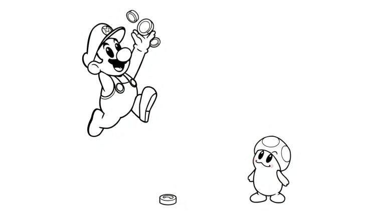 Placa de color de Mario saltando con monedas y un Goomba amigable.
