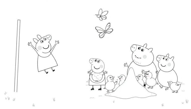 Dibujo en blanco y negro para colorear de Peppa Pig y su familia jugando en el parque, con un diseño de placa de color.