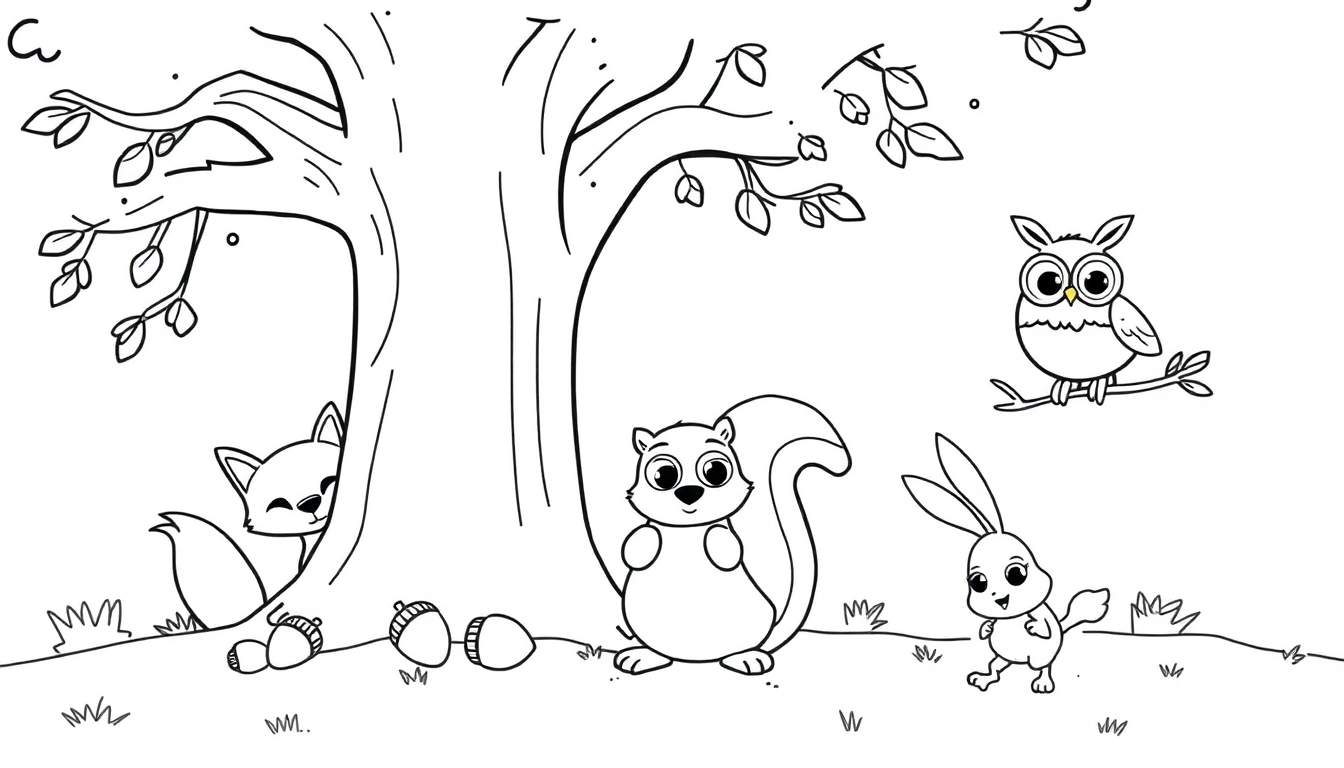 Una página para colorear en blanco y negro de un bosque con un zorro, una ardilla, bellotas, un conejo y un búho, lista para colorear con crayones, una placa de color.
