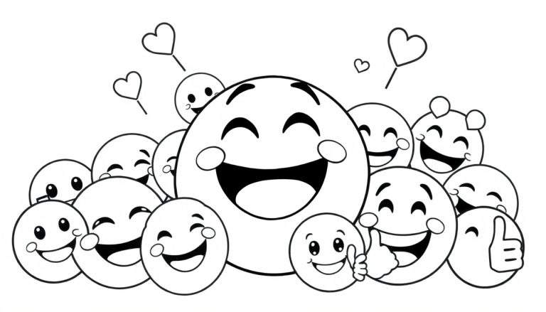 Placa de color con un montón de emojis felices y sonrientes en blanco y negro para colorear.