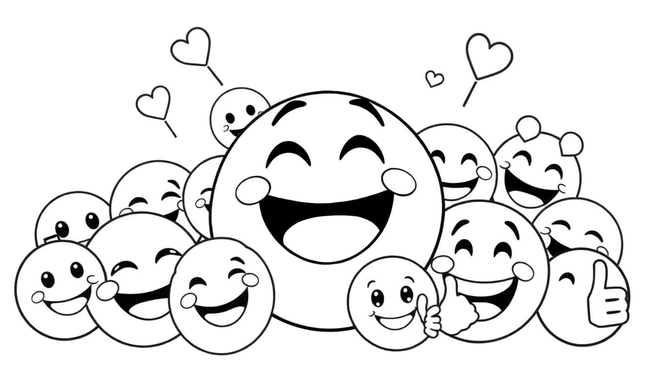 Placa de color con un montón de emojis felices y sonrientes en blanco y negro para colorear.